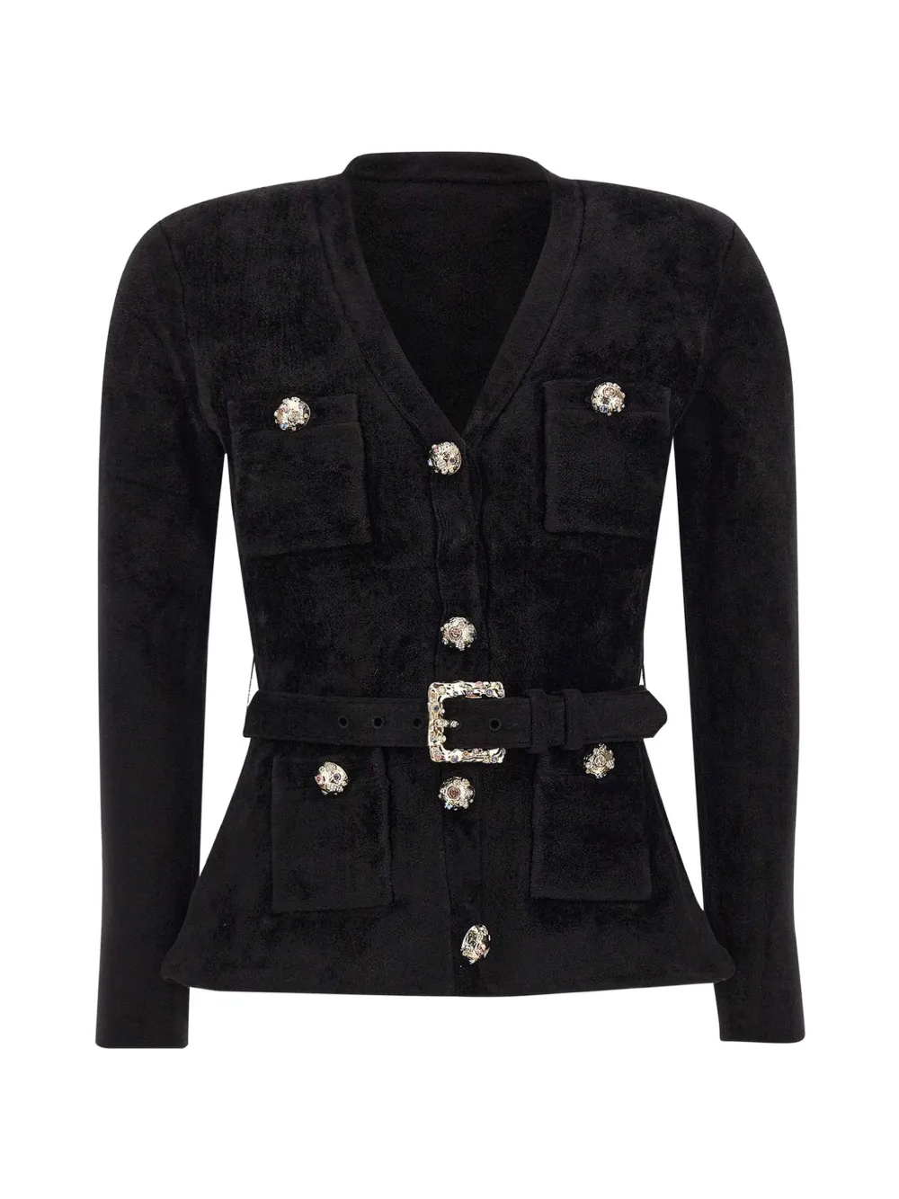 Self-portrait Belted Chenille-knit Cardigan In Black