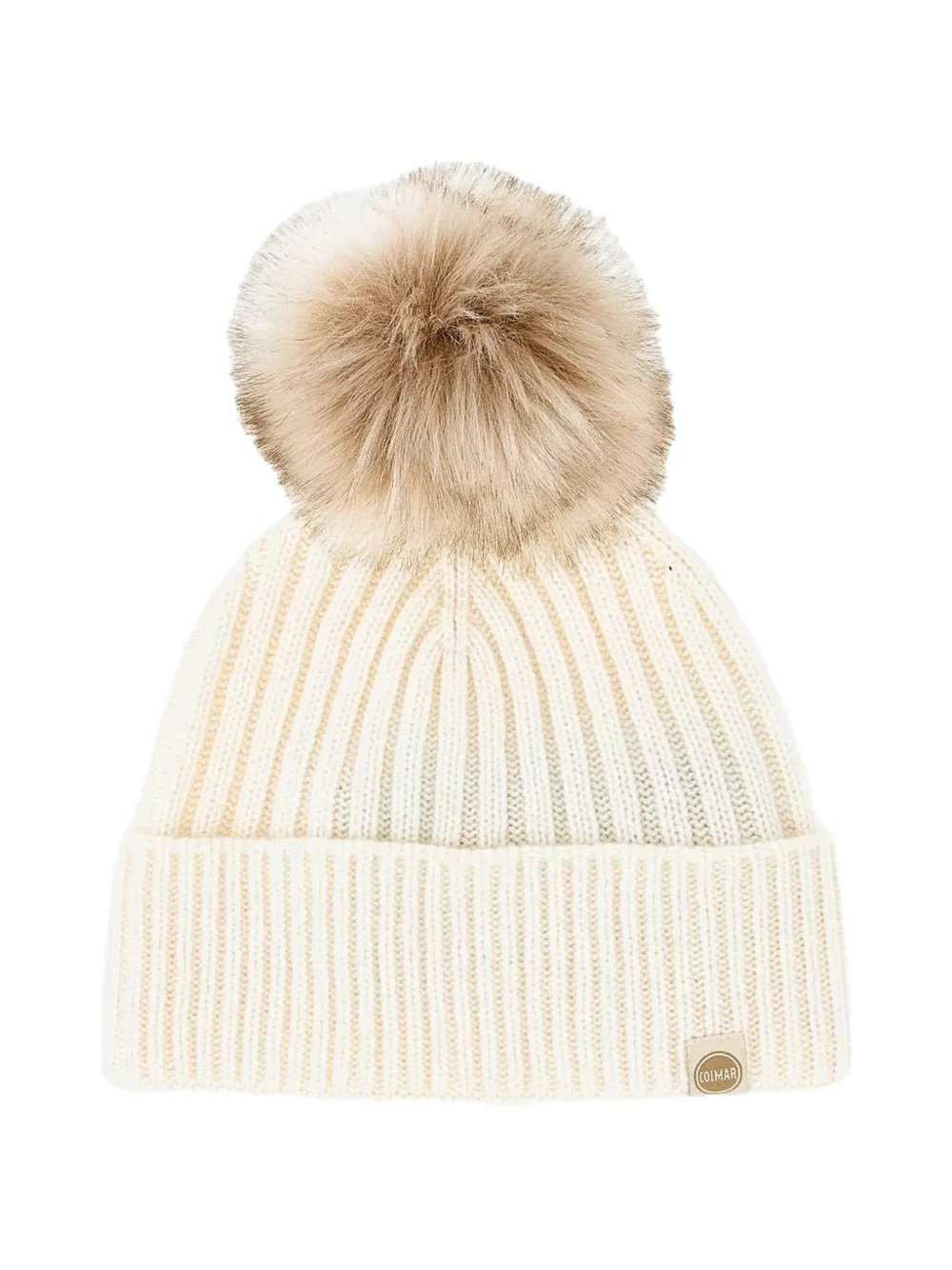 Colmar Faux-fur Pompom Ribbed Beanie Hat In 뉴트럴