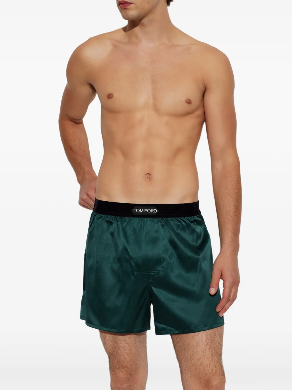 TOM FORD logo-patch silk boxer shorts Groen