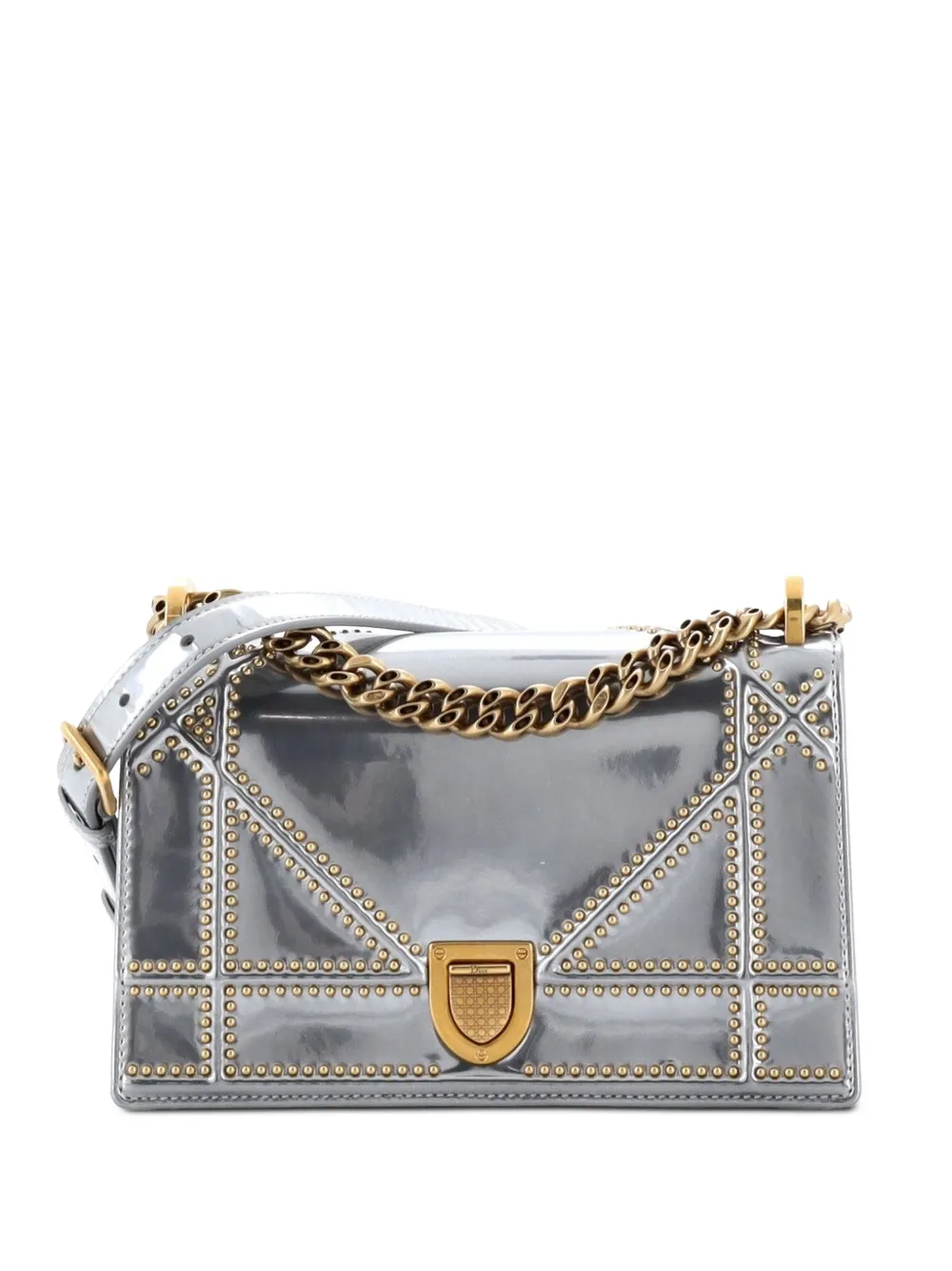 Christian Dior Pre-Owned Kleine Diorama Flap Umhängetasche aus Lackleder mit Nieten - Silber