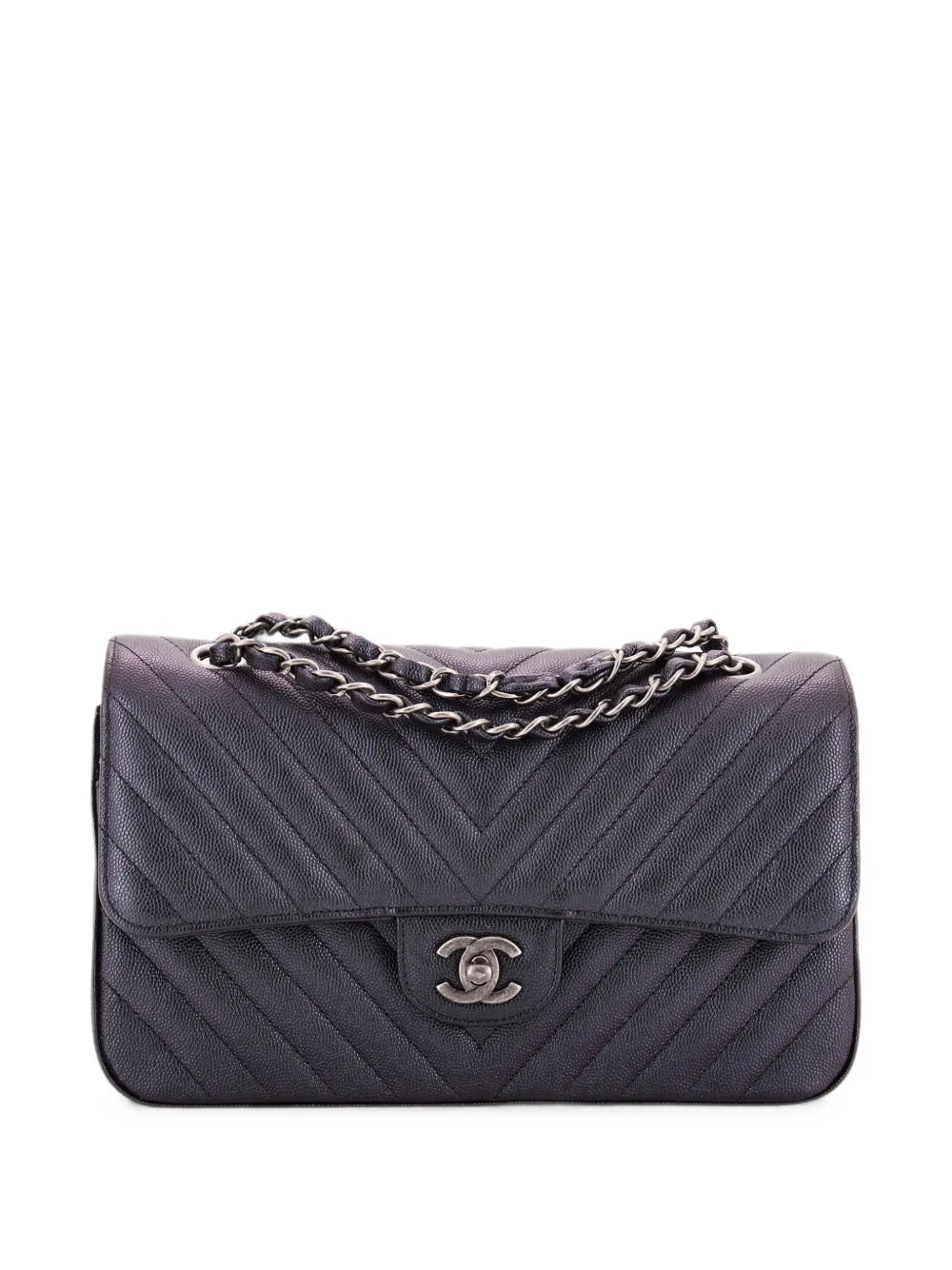 CHANEL Pre-Owned Borsa a spalla classica Double Flap media in pelle Caviar iridescente con motivo chevron - Nero