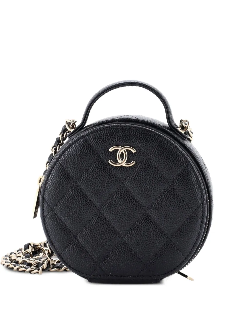 CHANEL Pre-Owned Borsa a tracolla Vanity Case tonda piccola in pelle Caviar trapuntata con manico catena - Nero