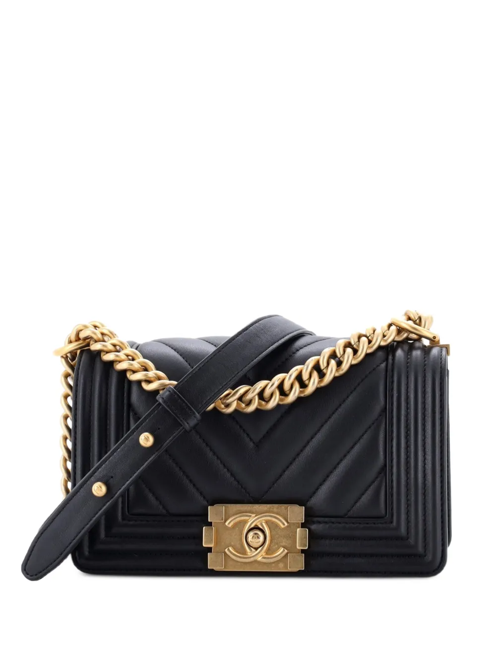 CHANEL Pre-Owned Borsa a spalla Boy in pelle di agnello con battente e motivo chevron - Nero