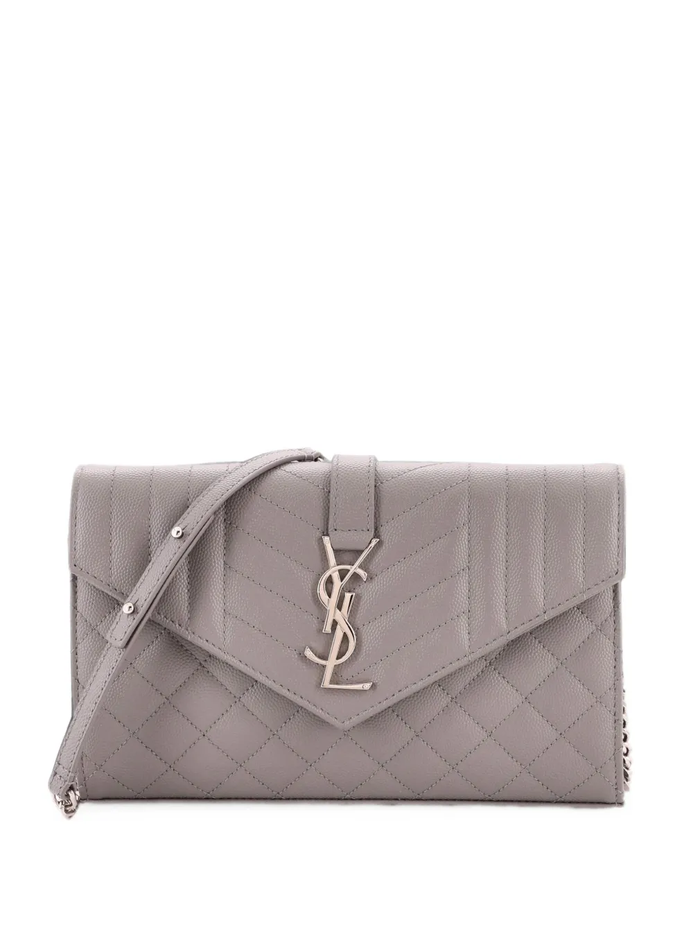 Pre-owned Saint Laurent Classic Monogram Chain Wallet Mixed Matelasse Leather Medium Crossbody Bag In Grey