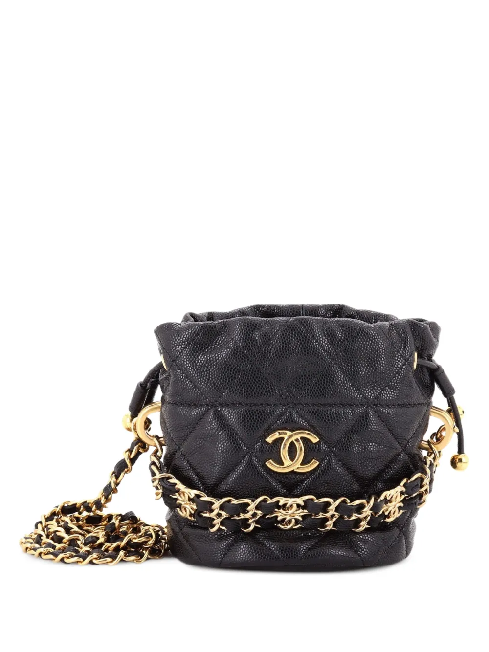 CHANEL Pre-Owned Borsa a secchiello Coco First mini in pelle Caviar trapuntata con catena - Nero