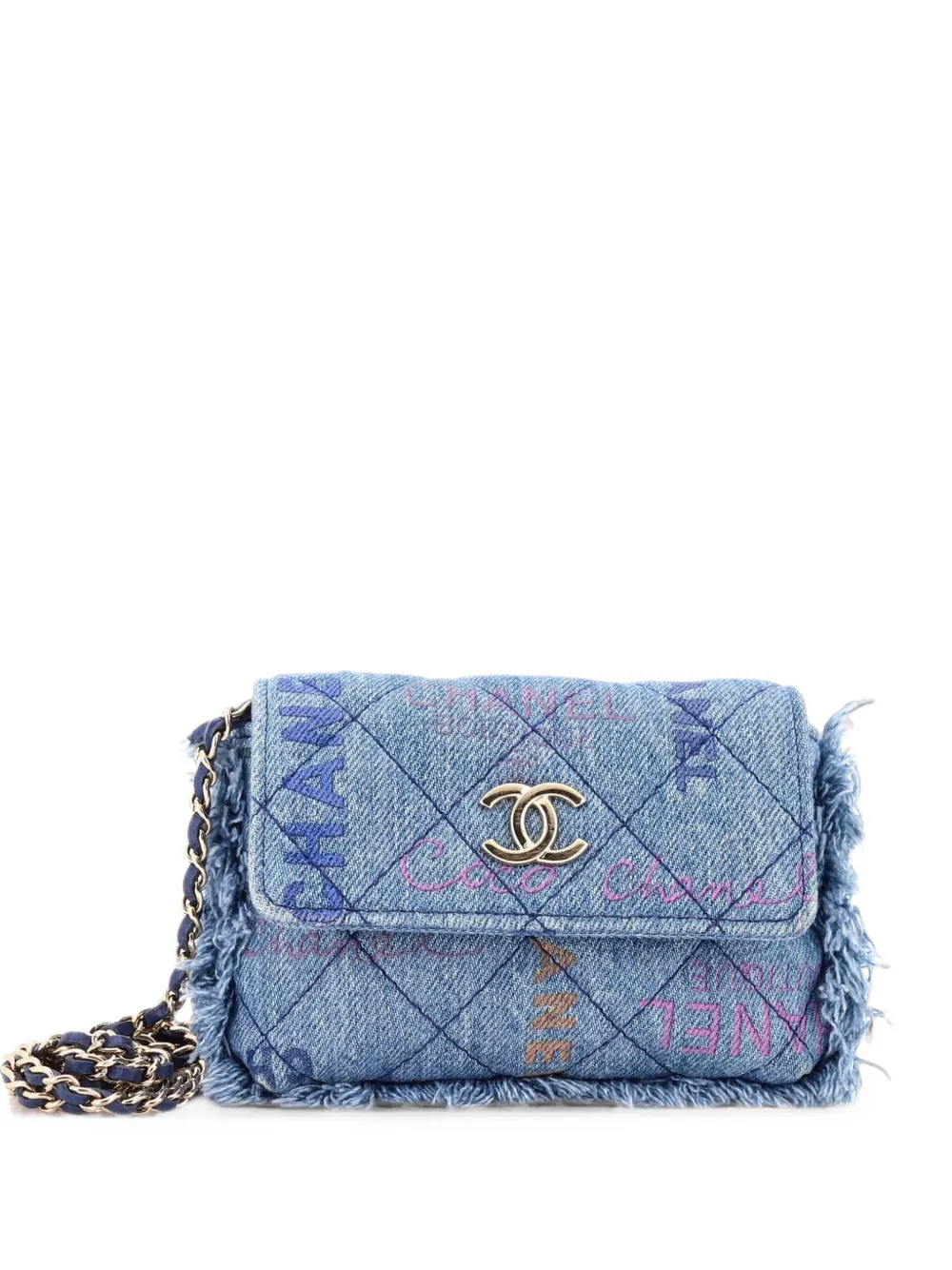 CHANEL Pre-Owned Borsa a tracolla Denim Mood grande trapuntata con battente, catena, frange e logo - Blu