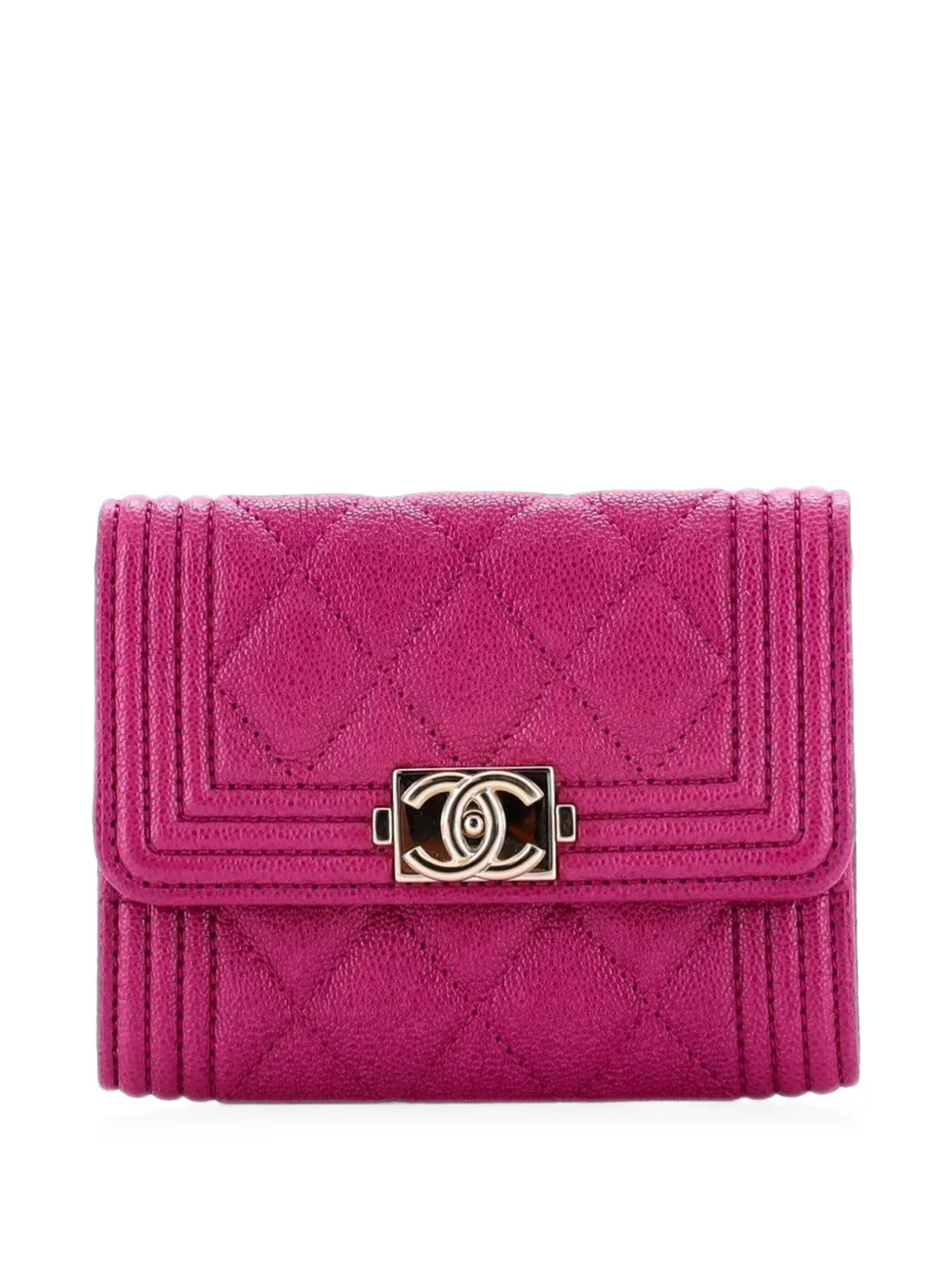 Pre-owned Chanel Boy Flap Case Quilted Caviar Card Holder In Pink