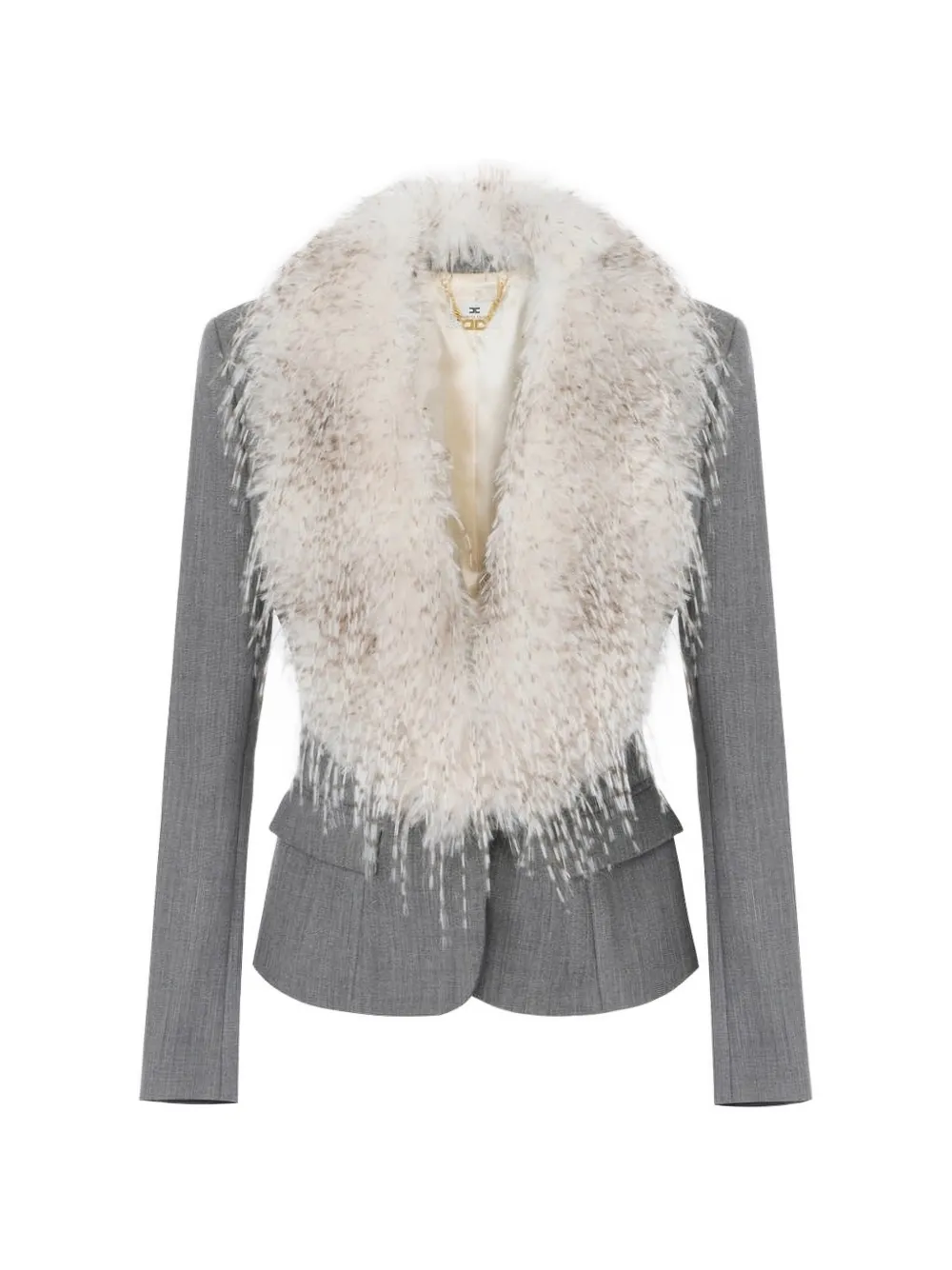 Elisabetta Franchi Wool Jacket With Fur-effect Collar In Grey