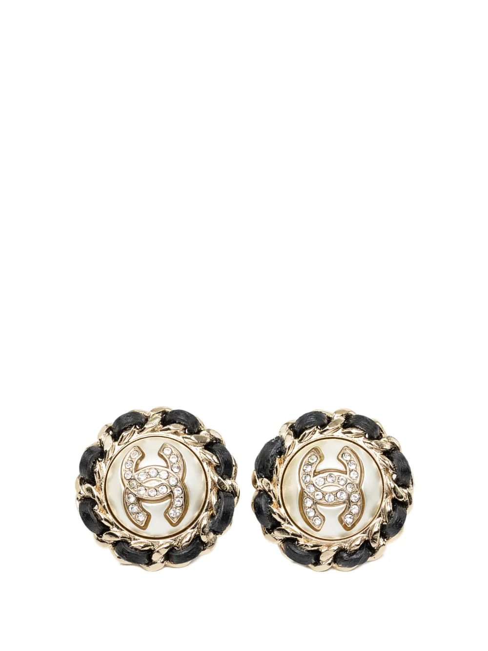 CHANEL Pre-Owned 2021 CC Gold Plated Leather Woven Strass and Faux Pearl Round Clip On Earrings costume earrings - Oro