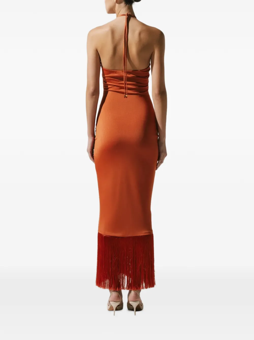 Baobab Zoe ruched fringe-detail maxi dress Oranje