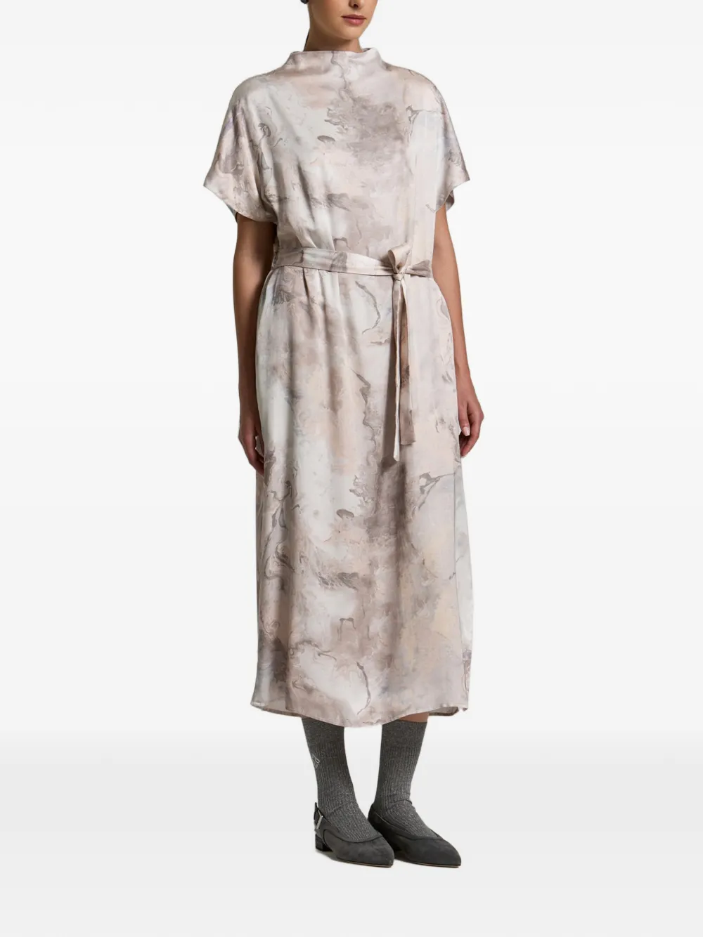 Peserico Midi-jurk met marmerprint en ceintuur Beige