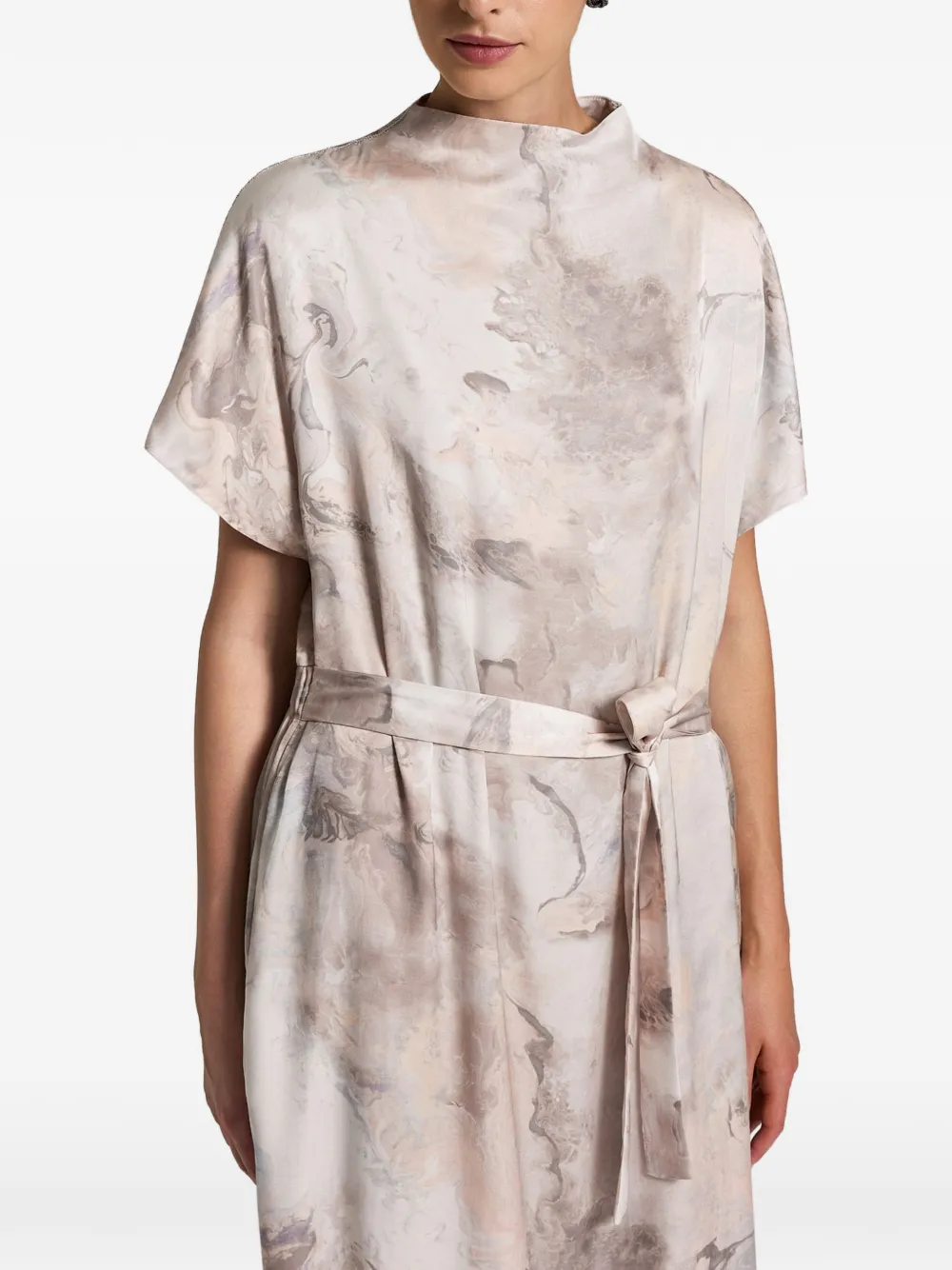 Peserico Midi-jurk met marmerprint en ceintuur Beige