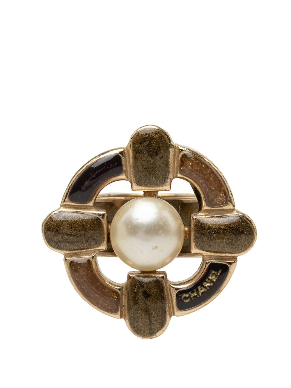 CHANEL Pre-Owned 2007 Gold Plated Logo and Enamel Floral Faux Pearl Ring costume ring - Oro