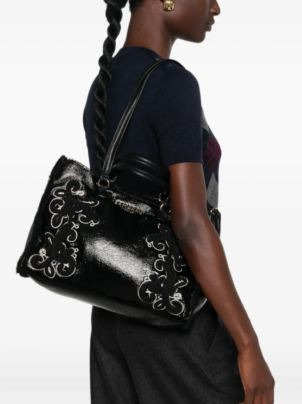 ERMANNO FIRENZE embroidered leather tote bag Zwart