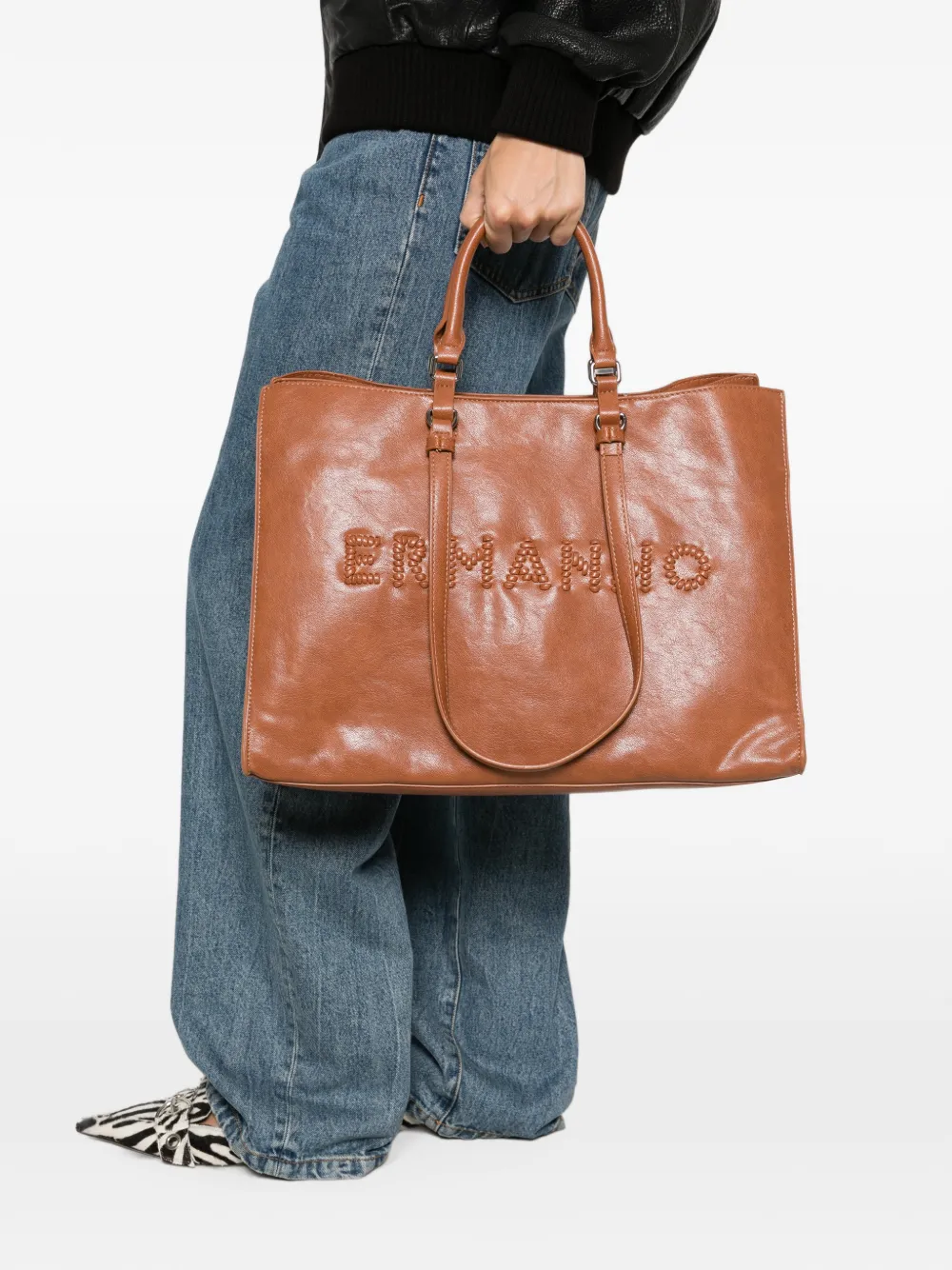 ERMANNO FIRENZE Grote leren shopper met geborduurd logo Bruin