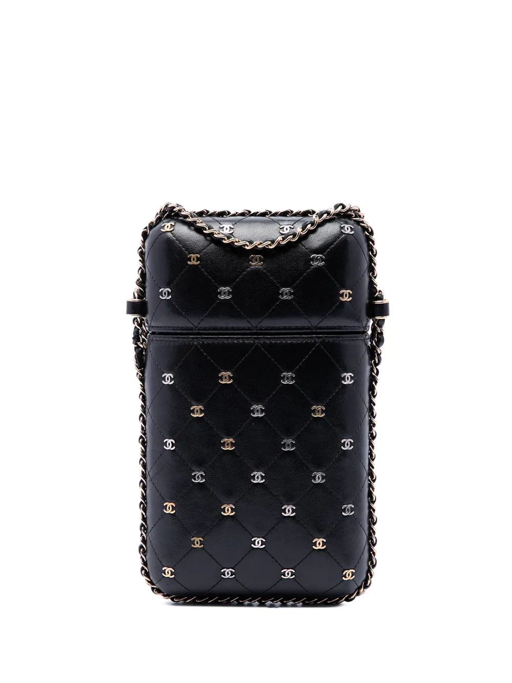 CHANEL Pre-Owned 2018-2019 CC Quilted and Studded Lambskin Chain Around Phone Holder crossbody bag - Nero
