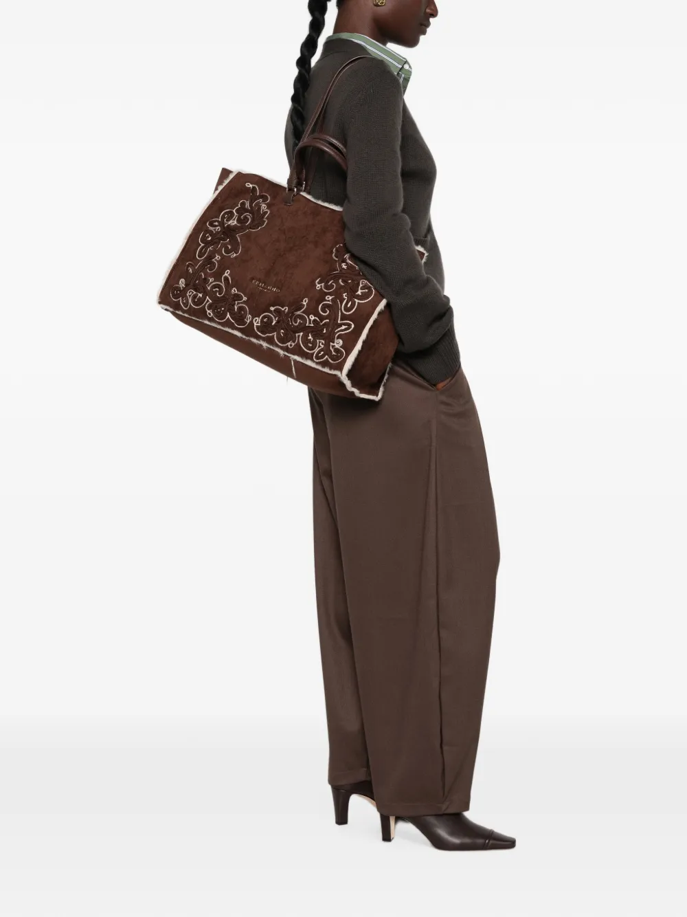 ERMANNO FIRENZE Grote shopper met geborduurde lammy afwerking Bruin