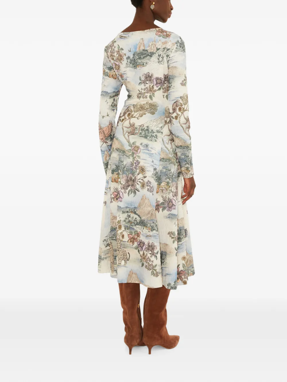 FARM Rio landscape-print long-sleeve midi dress Wit