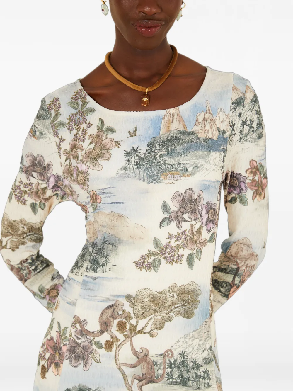 FARM Rio landscape-print long-sleeve midi dress Wit