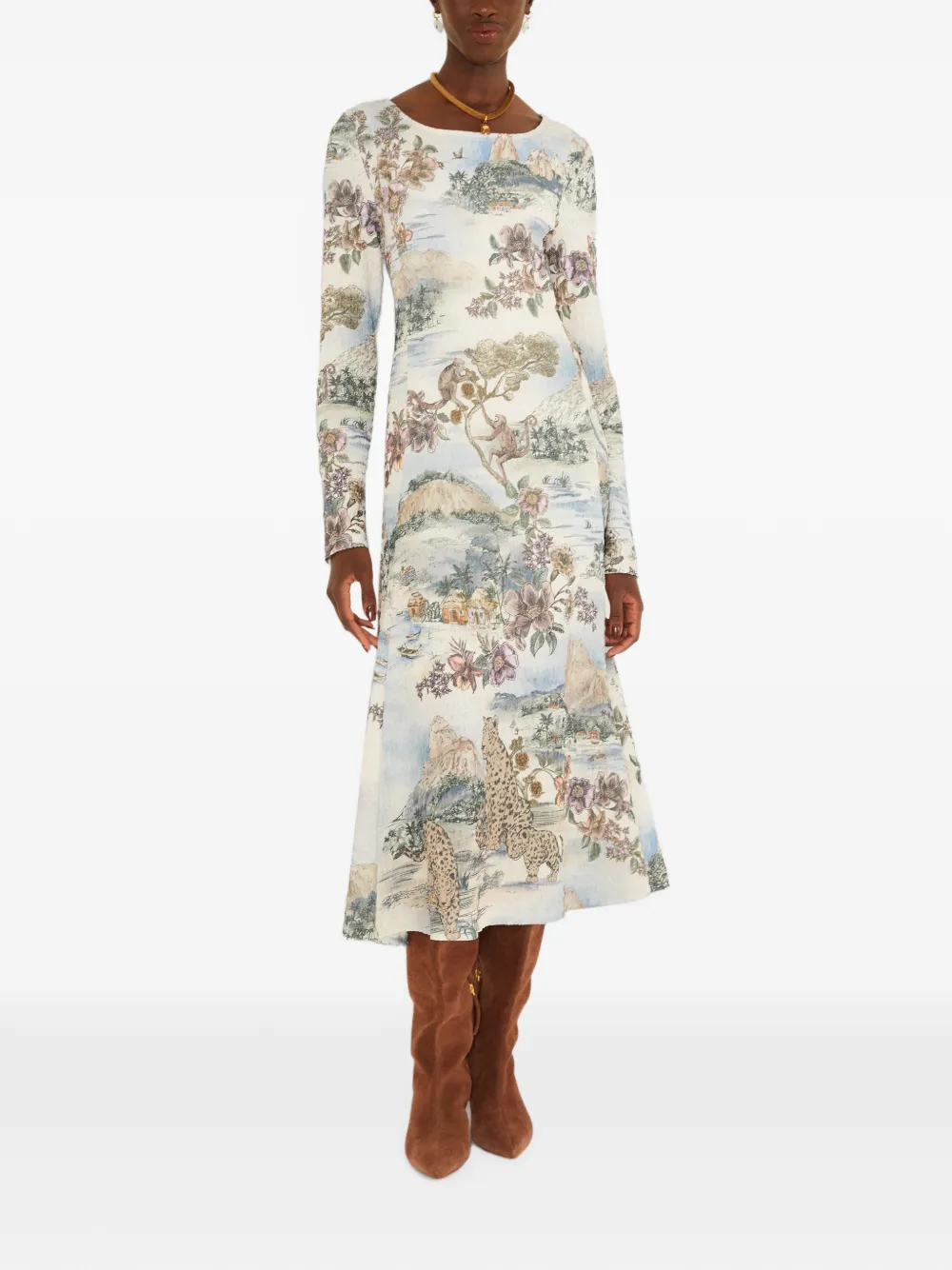FARM Rio landscape-print long-sleeve midi dress Wit