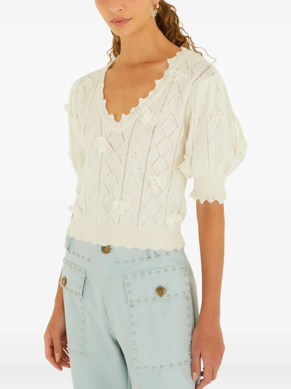 FARM Rio butterfly-applique pointelle-knit sweater - Bianco