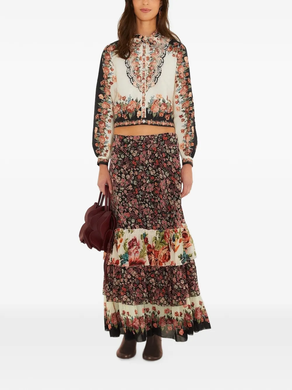 FARM Rio floral-print tiered maxi skirt Zwart