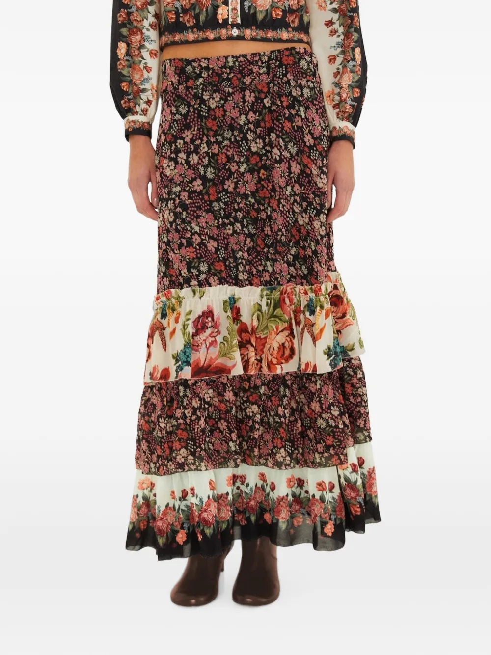 FARM Rio floral-print tiered maxi skirt - Nero
