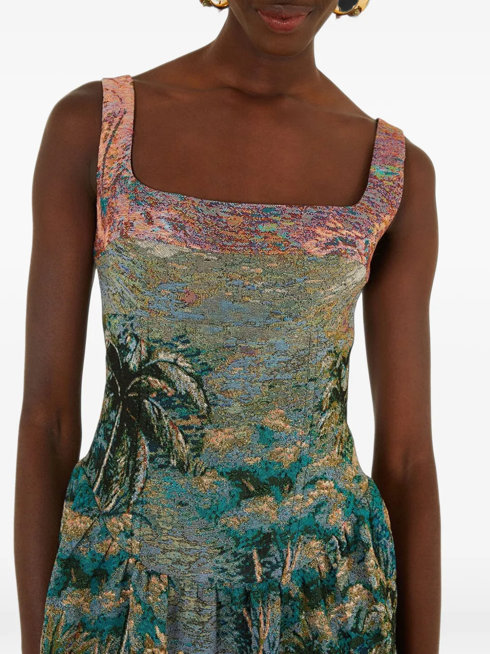 FARM Rio petricor-jacquard sleveless maxi dress Groen