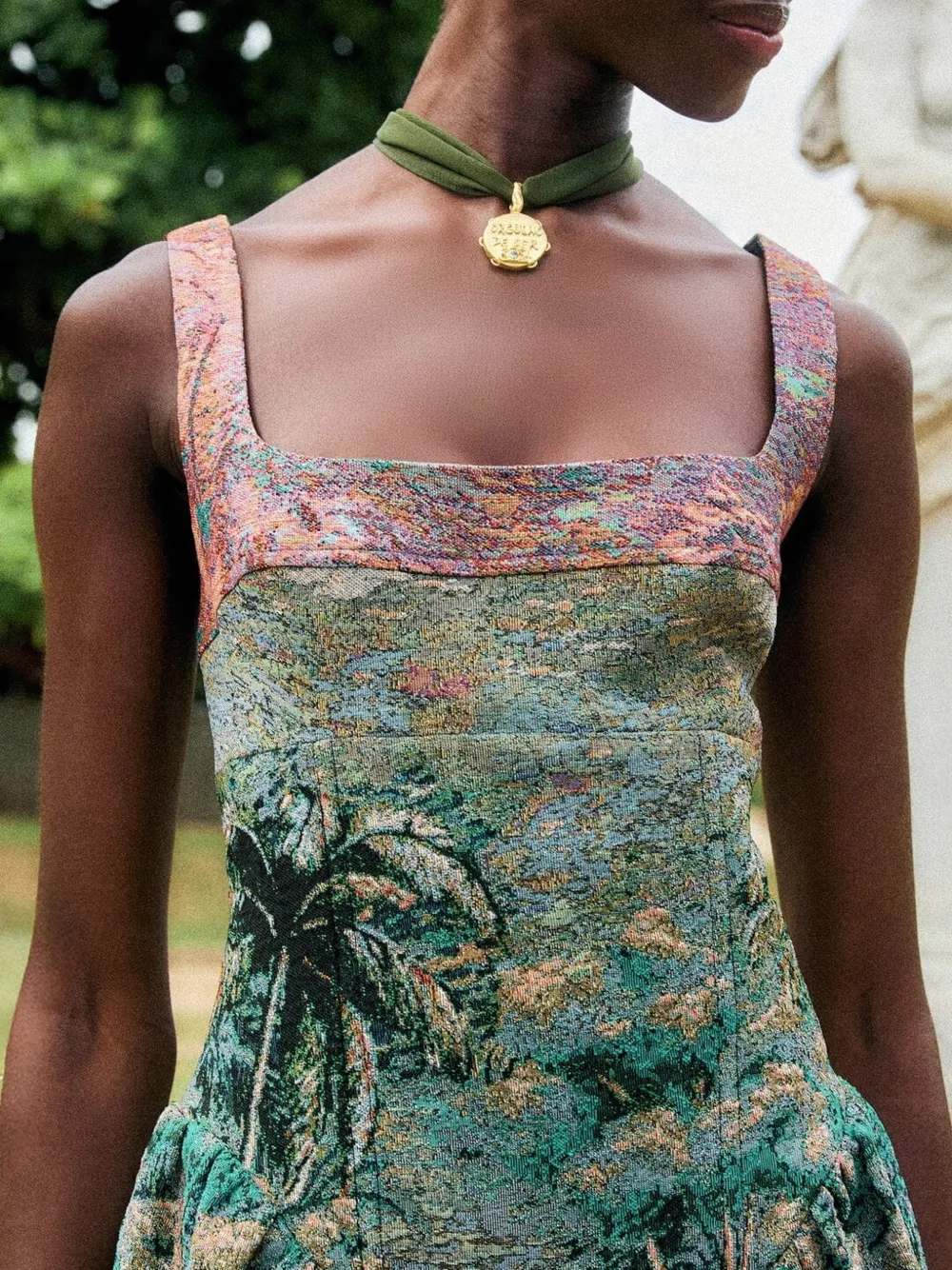 FARM Rio petricor-jacquard sleveless maxi dress Groen