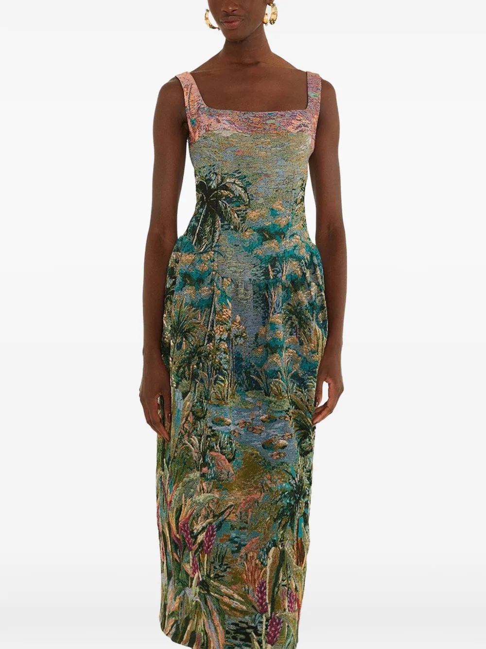 FARM Rio petricor-jacquard sleveless maxi dress Groen