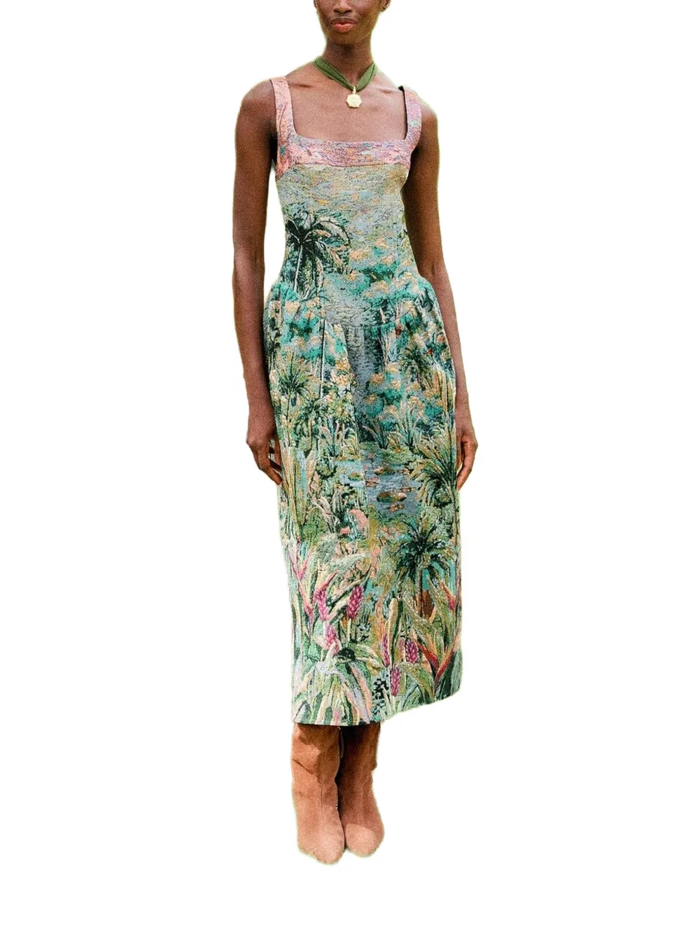 FARM Rio petricor-jacquard sleveless maxi dress Groen