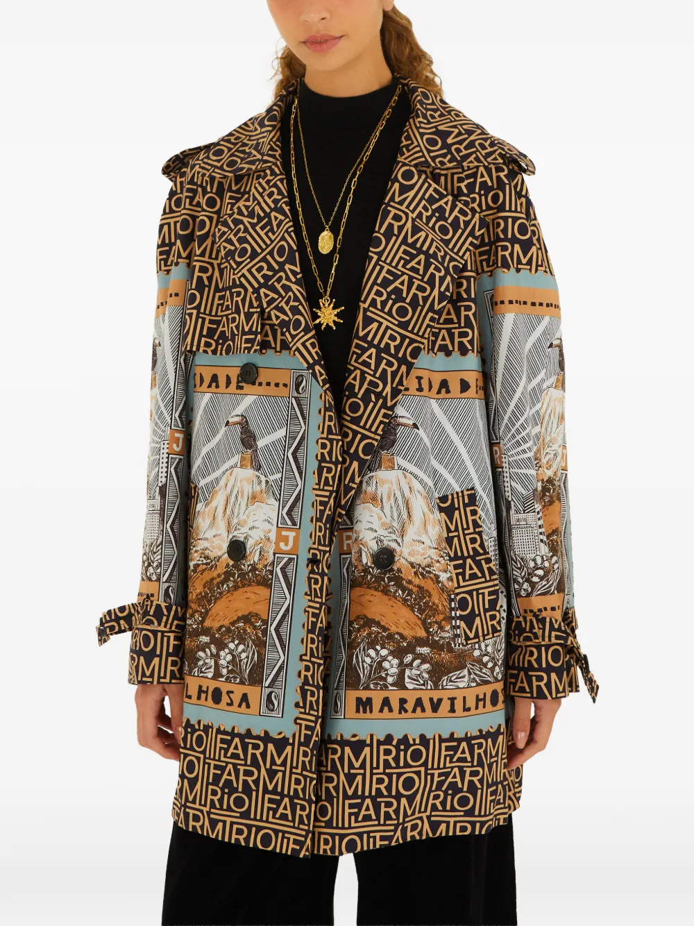 FARM Rio graphic-print double-breasted coat - Nero