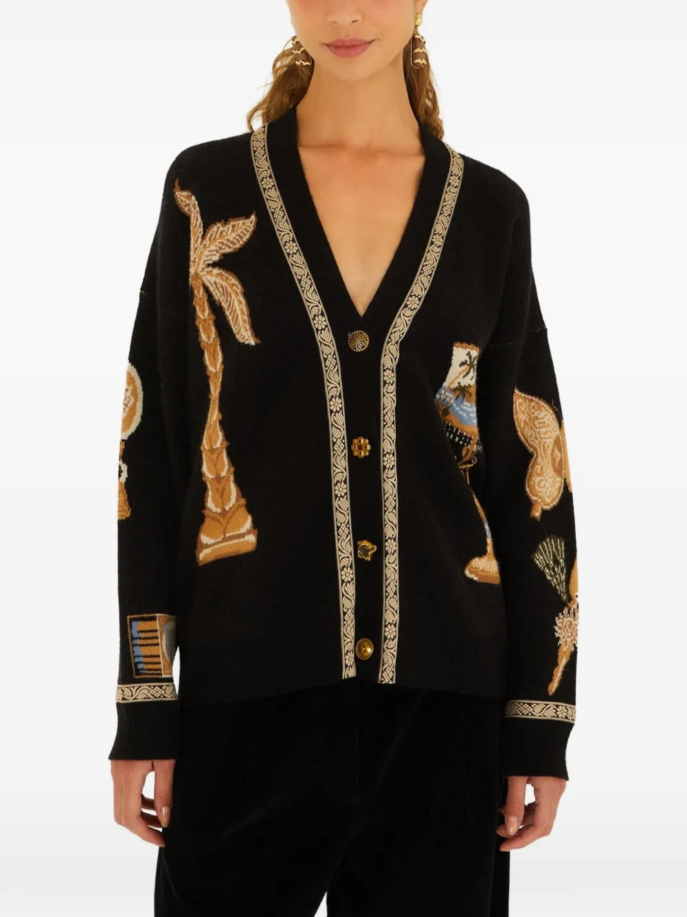 FARM Rio graphic-intarsia V-neck cardigan - Black
