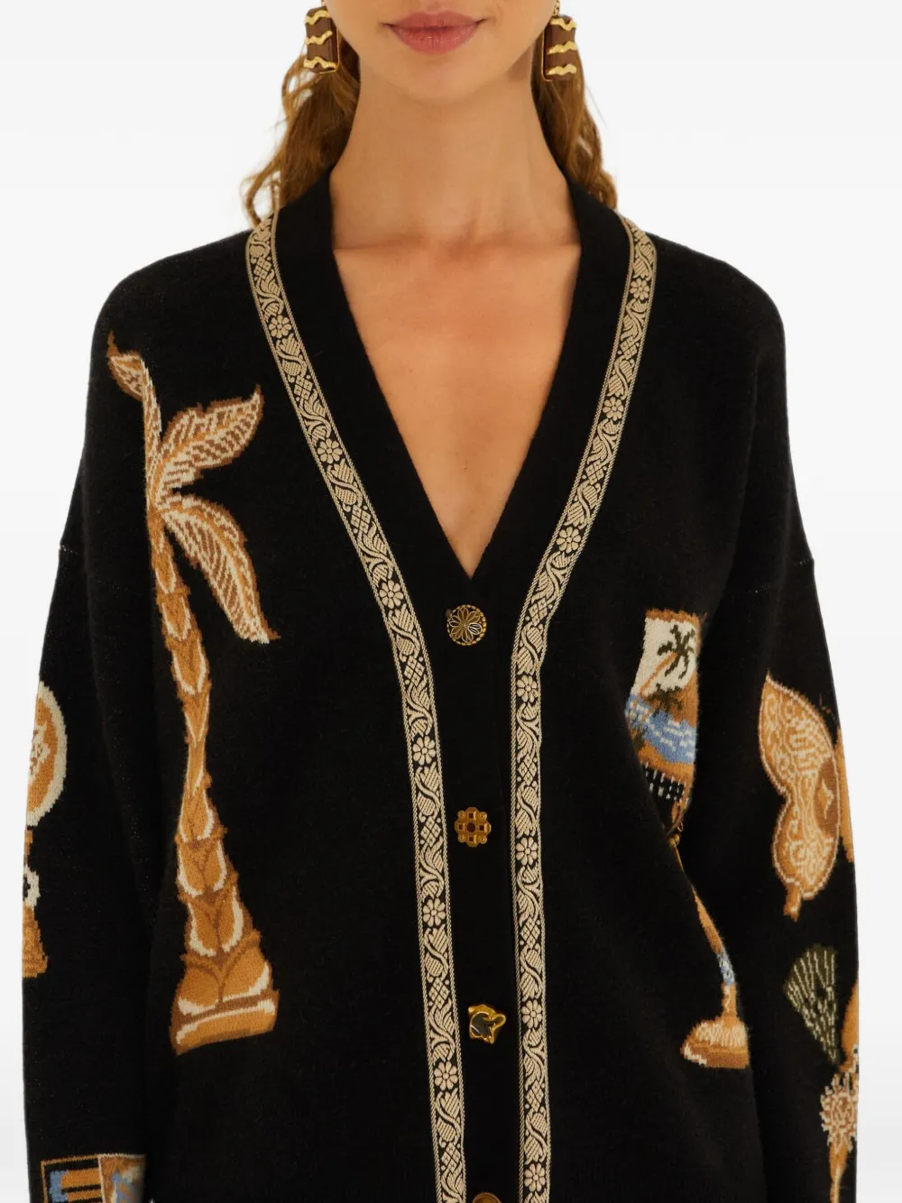 FARM Rio Vest met grafische intarsia en V-hals Zwart