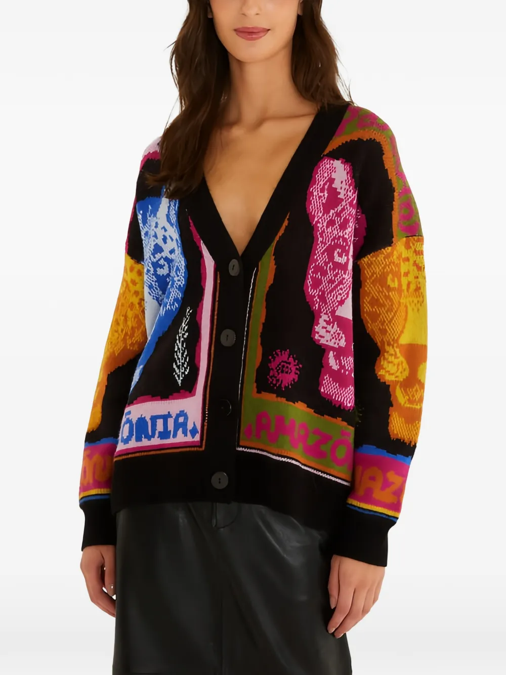 FARM Rio multicolor panthers buttoned knit cardigan Zwart