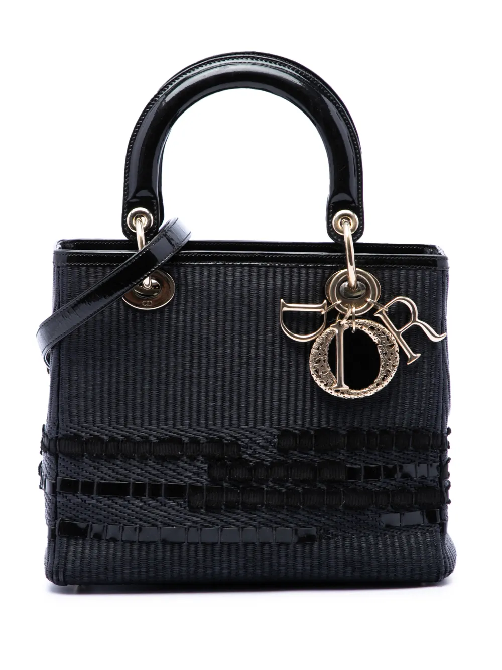 Christian Dior Pre-Owned 2012 mittelgroße Lady Dior Satchel-Tasche aus gewebtem Canvas mit Lacklederbesatz - Schwarz