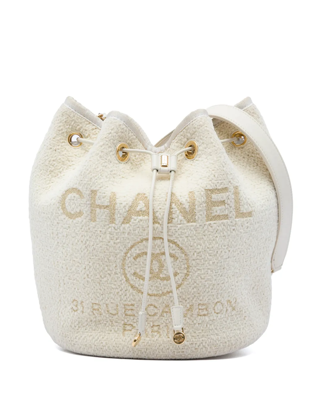 CHANEL Pre-Owned 2019 Small Tweed Deauville Drawstring bucket bag - Bianco