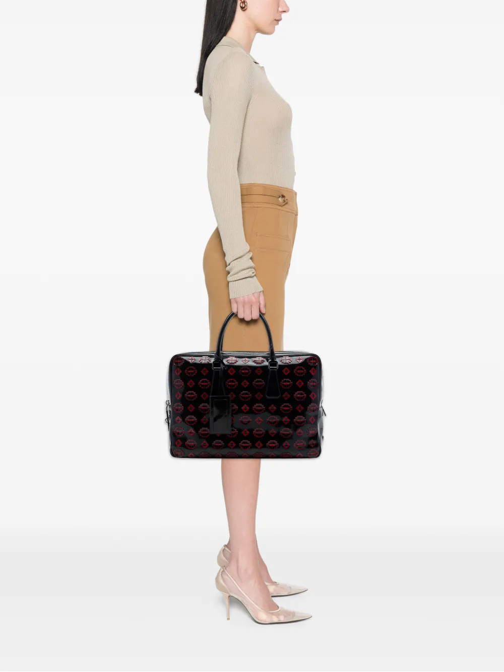 Prada Pre-Owned 2013-2026 Spazzolato leren aktetas met geometrische applicatie Zwart