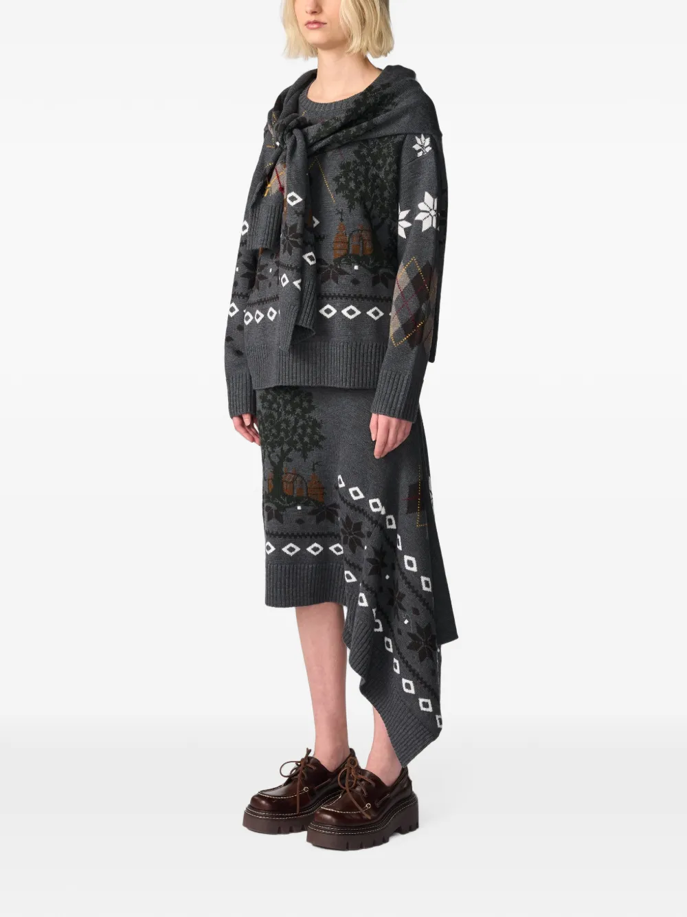Monse Fair Isle asymmetrische midi-rok Grijs