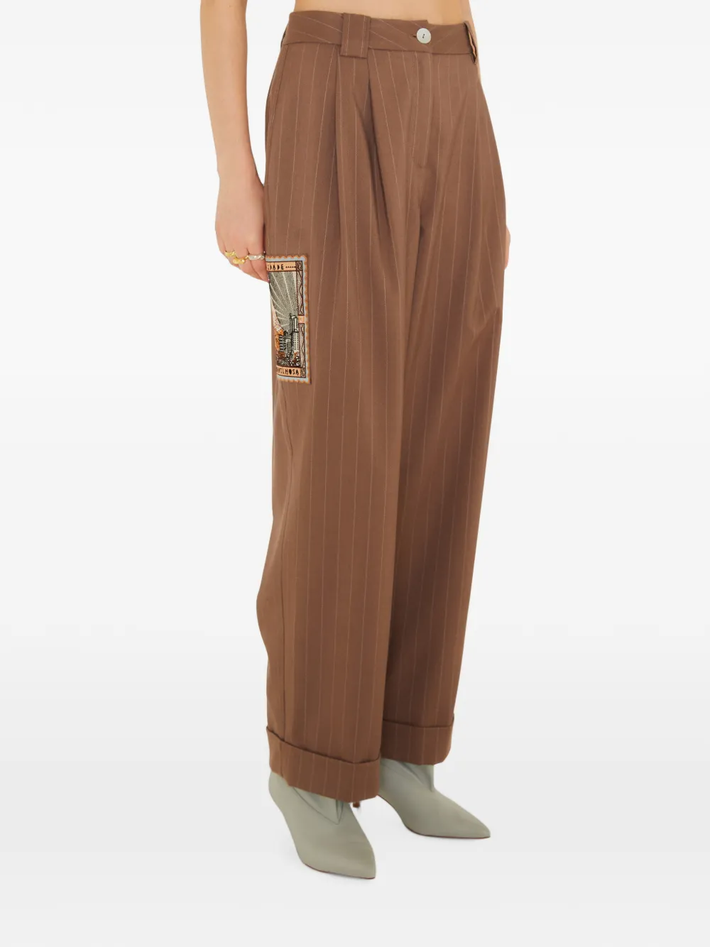 FARM Rio pinstripe-print patch-detail trousers - Marrone