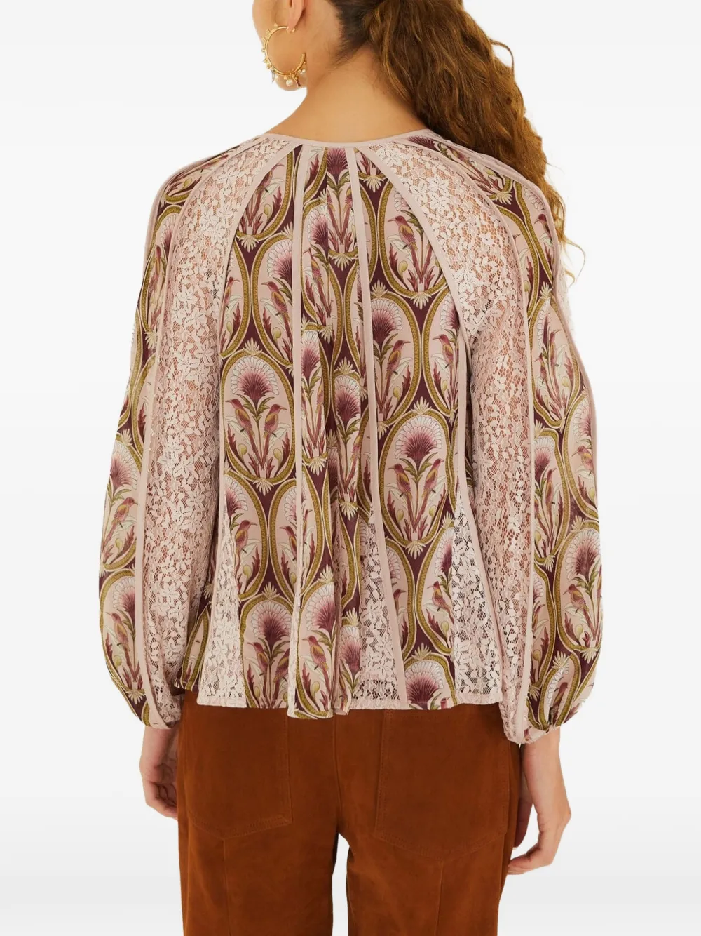 FARM Rio Blouse met kanten vlakken en bloemenprint Beige