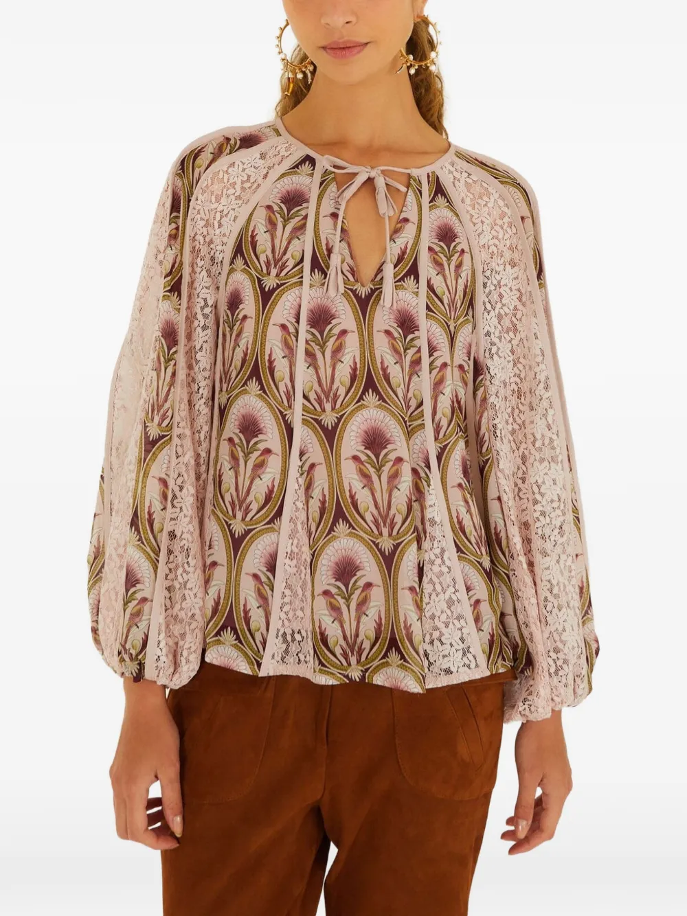FARM Rio floral-print lace-panelled blouse - Neutrals