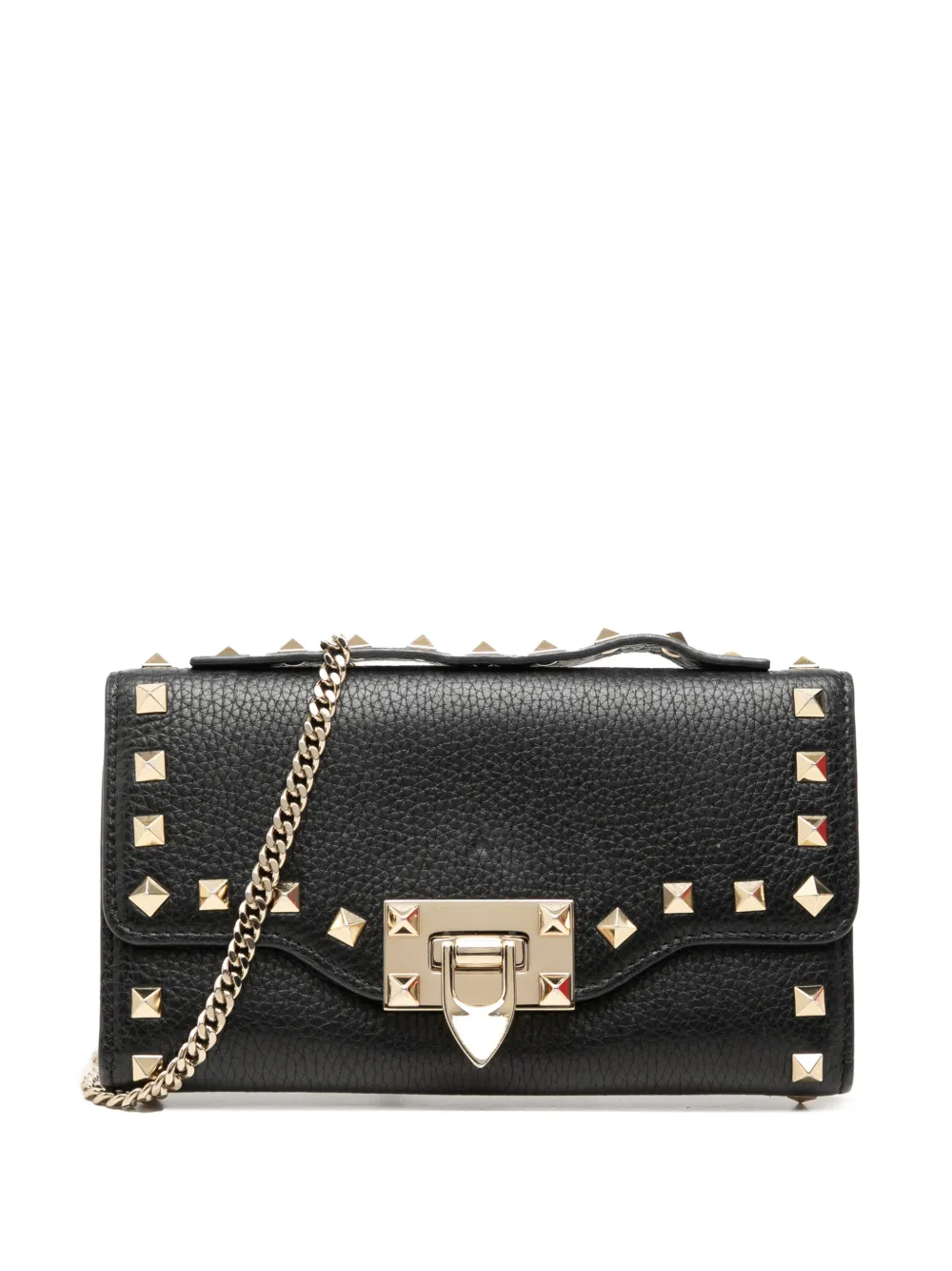 Valentino Garavani Pre-Owned 2018-2026 Pebbled Calfskin Rockstud Flip Lock Wallet On Chain satchel - Nero