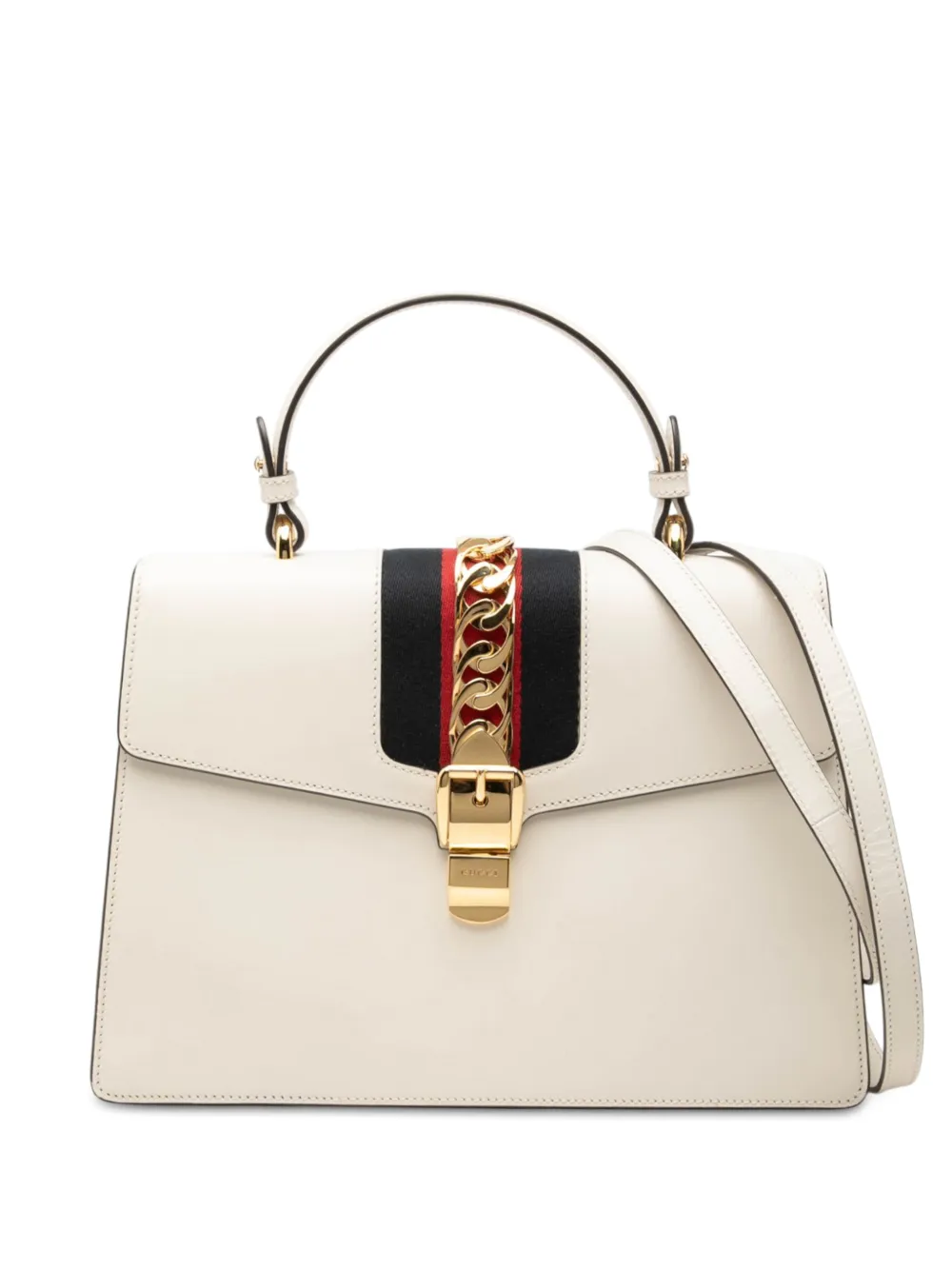 Pre-owned Gucci 2016-2026 Medium Calfskin Web Sylvie Top Handle Bag Satchel In White