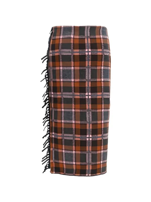 Guest In Residence Tartan Fringe-trim Midi Skirt in Brown