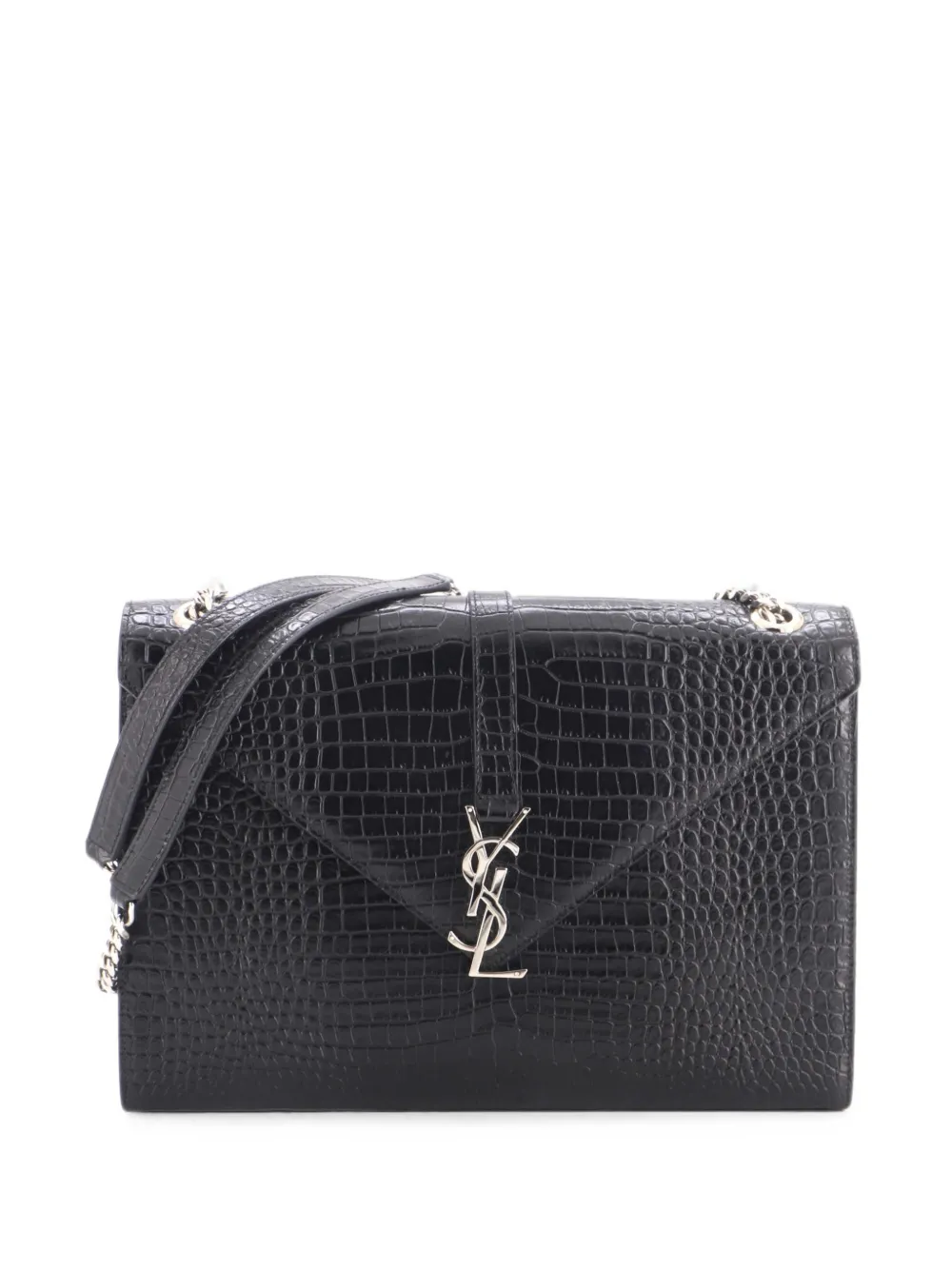 Saint Laurent Pre-Owned grand sac enveloppe à bandoulière en cuir à effet peau de crocodile et à monogramme classique - Noir Saint Laurent Pre-Owned grand sac enveloppe à bandoulière en cuir à effet peau de crocodile et à monogramme classique - Noir