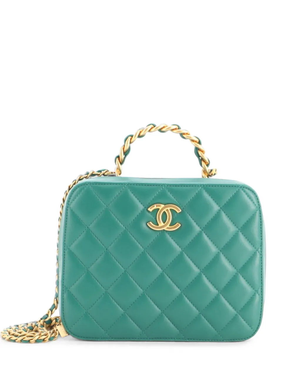 Pre-owned Chanel Woven Chain Top Handle Vanity Case Quilted Lambskin Medium Satchel In Green