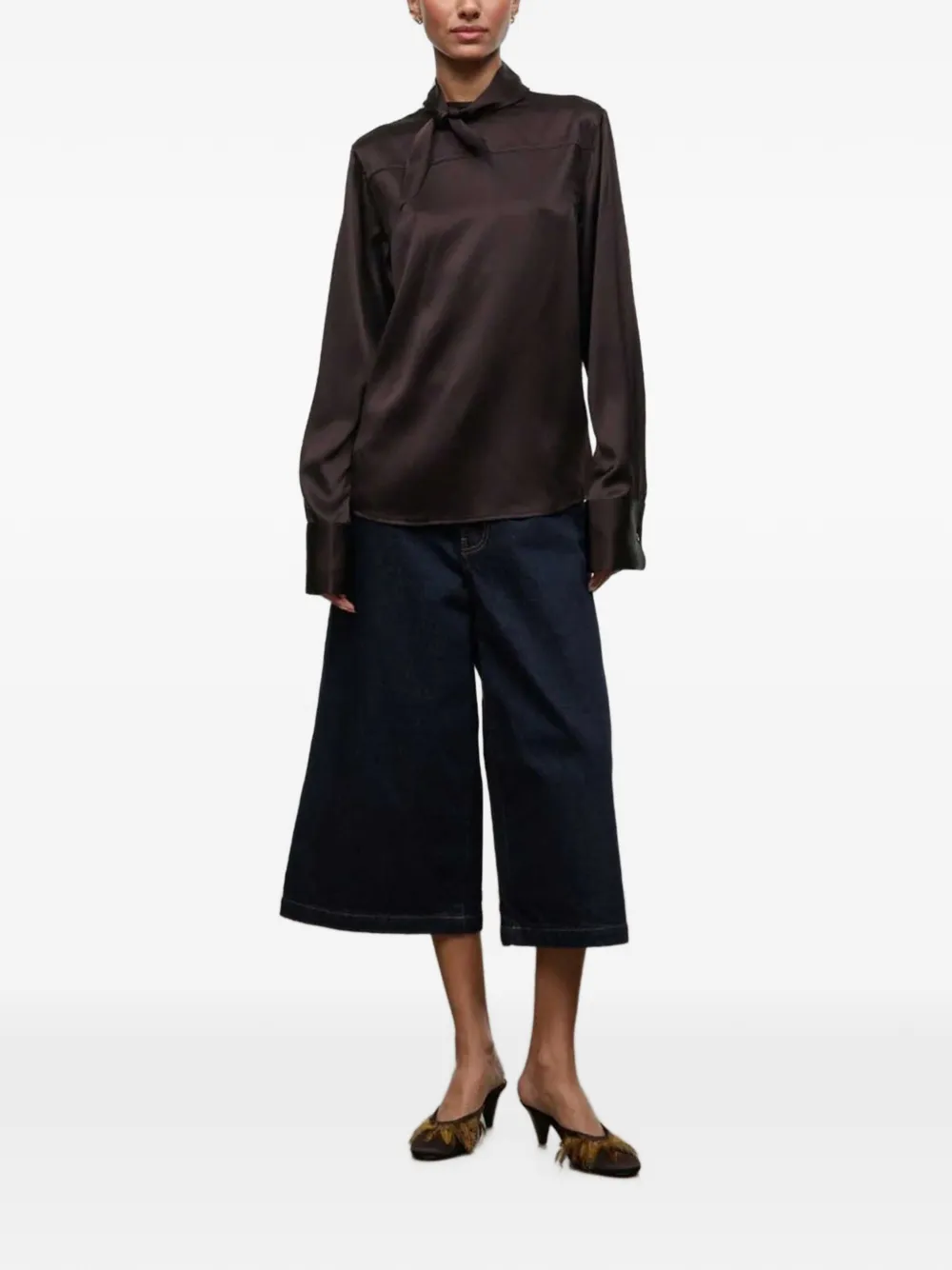 STAUD Rhodes pussy-bow button-back blouse Bruin