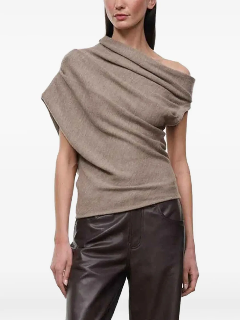 STAUD Mabel one-shoulder draped sweater Beige