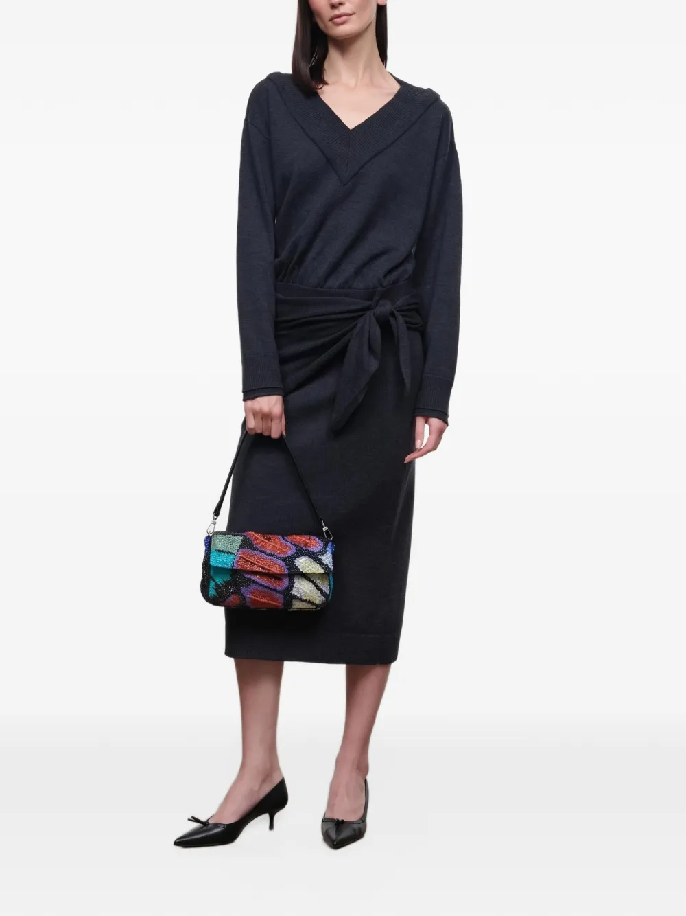 STAUD Norman tie-waist V-neck midi dress Grijs